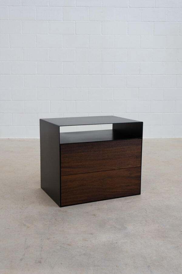 Steel framed nightstand with walnut drawer fronts.